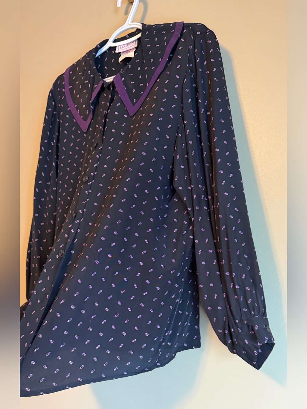 Vintage 80’s Louben Black & Purple Paisley Scroll Print Oversized Collar Blouse - Picture 4 of 10